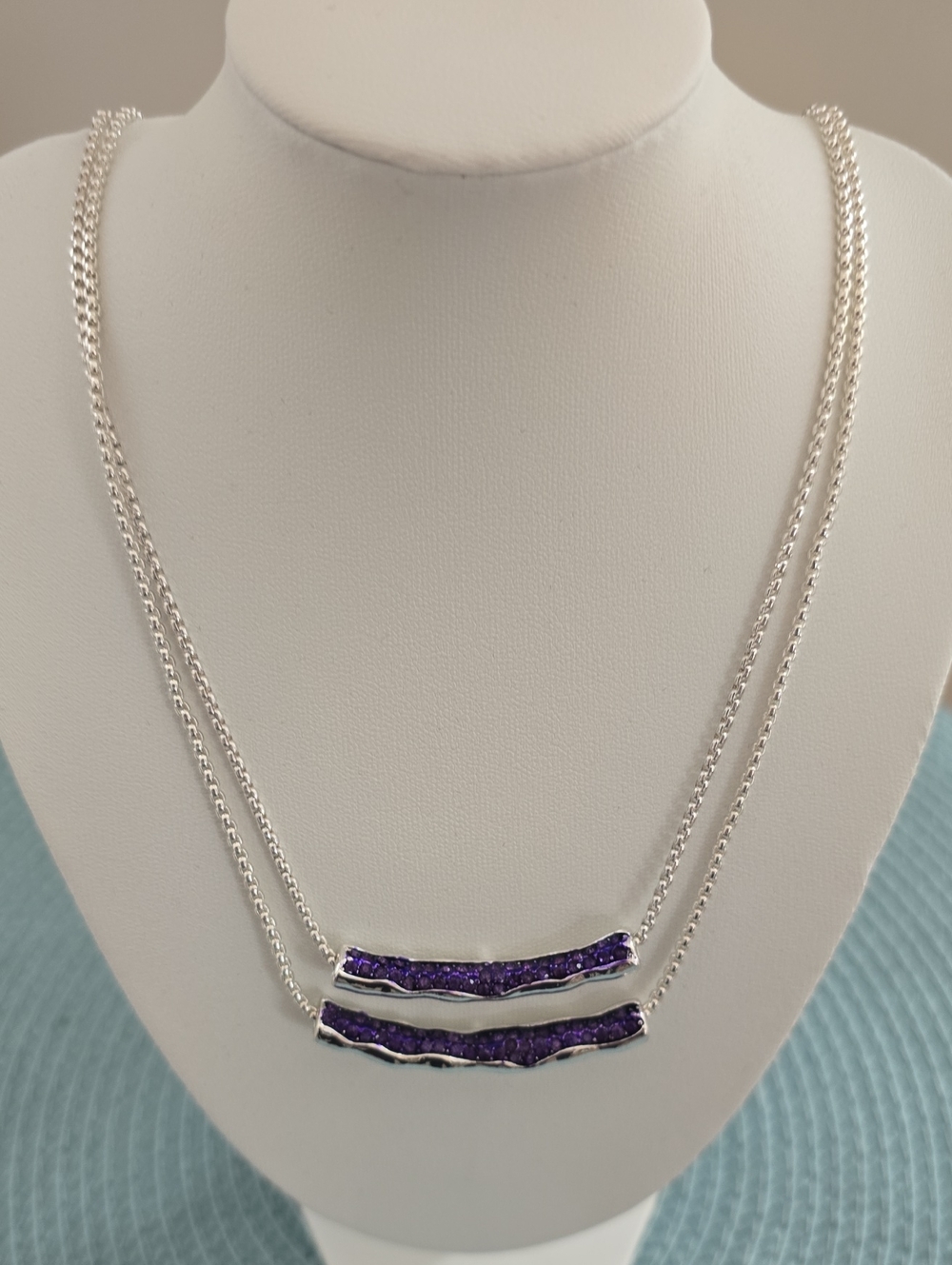 Nine West Brand Women's Purple Druzy Double Bar Necklace - 2-Layer Silver Chain
